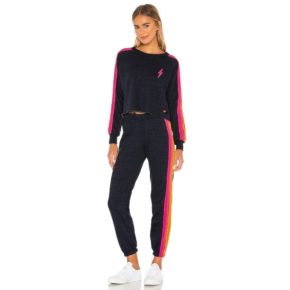 Aviator Nation Sweat Suit Set Navy Neon Rainbow Stripe Lightning Bolt Medium